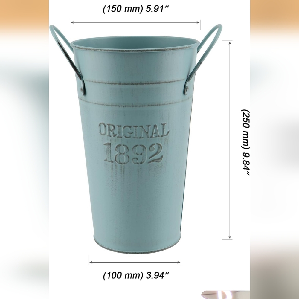 NWOT 10 Inch Vintage Metal Galvanized Flower Vase, Tall Galvanized Metal Planter